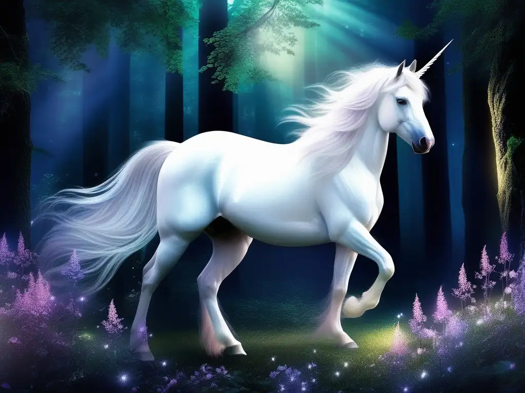 Mascotas míticas para héroes legendarios: unicornio alado en un bosque místico con árboles antiguos, flores brillantes y una atmósfera mágica