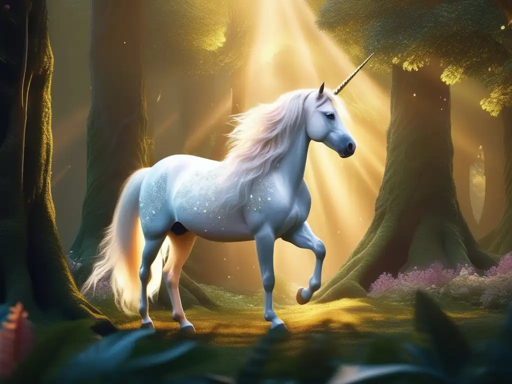 Ciclo de vida misterioso unicornios en bosque encantado con cascada