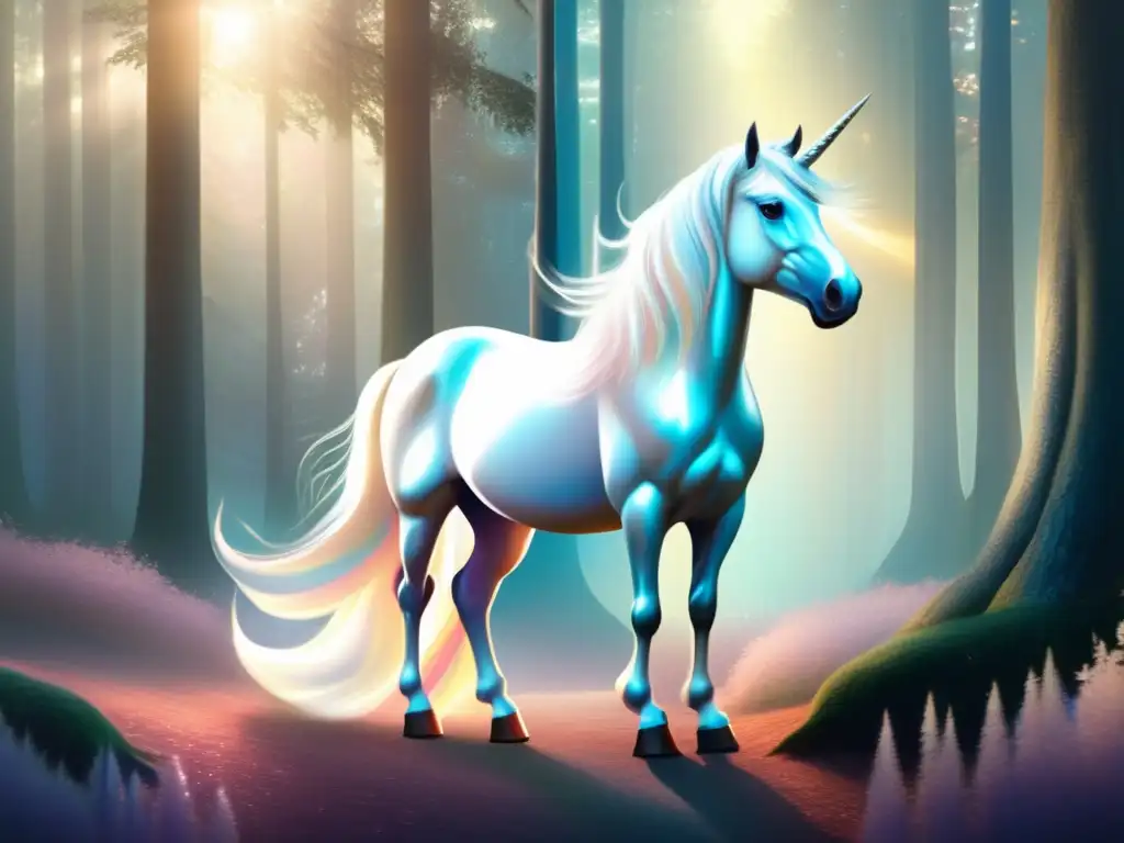 Unicornio blanco en un bosque mágico Simbolismo unicornios en literatura moderna, majestuoso unicornio blanco en un bosque soleado, rodeado de mariposas pastel