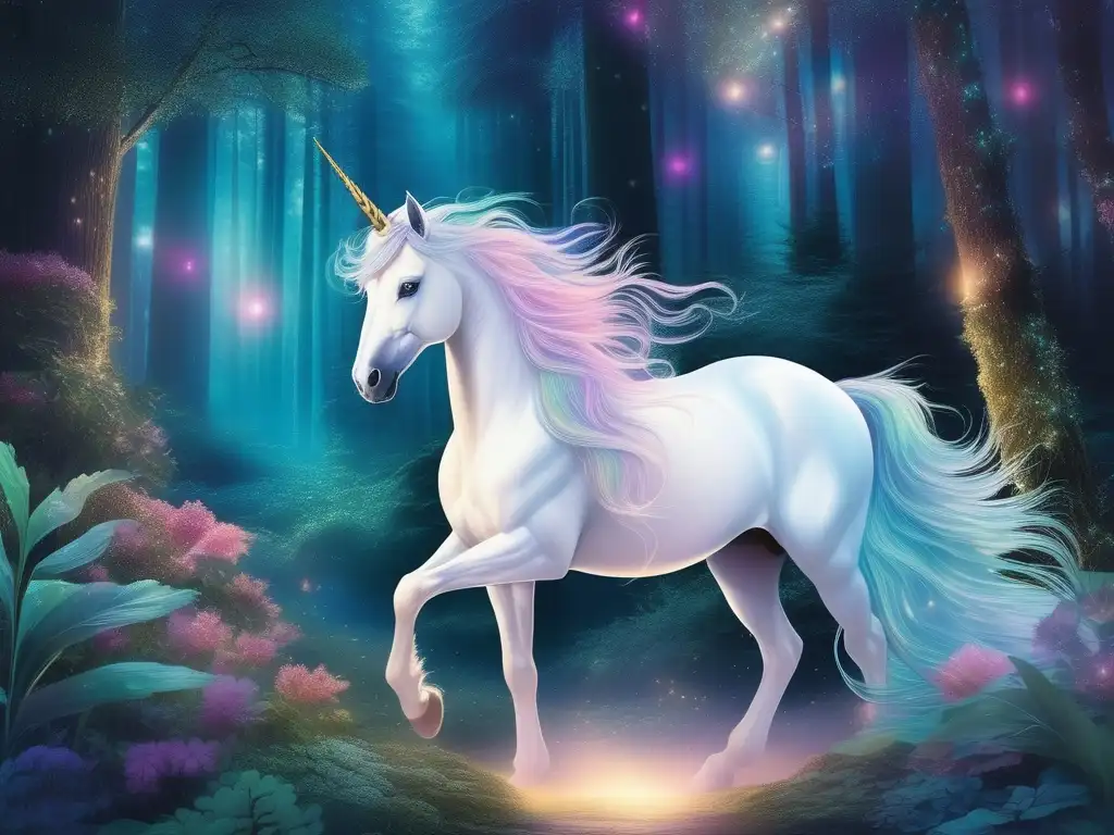 Unicornio alado en un bosque encantado, con colores pastel y efecto de estrellas