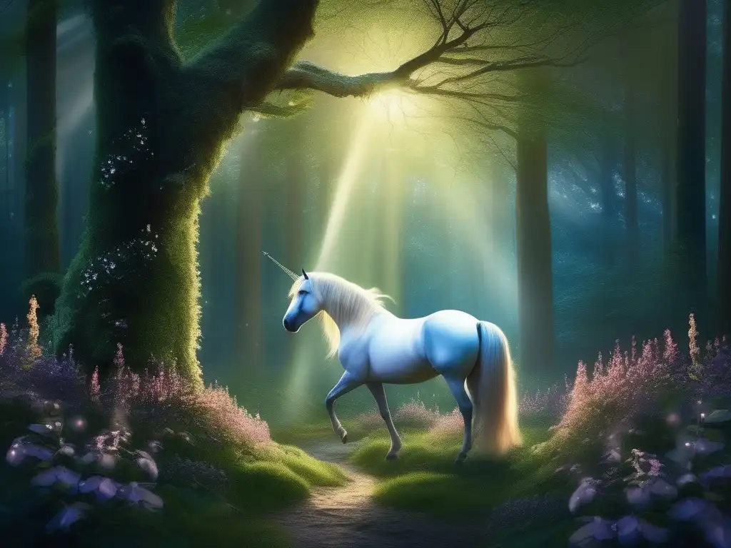 Criaturas míticas como guías en un bosque encantado al atardecer, con un majestuoso unicornio y otros seres mágicos