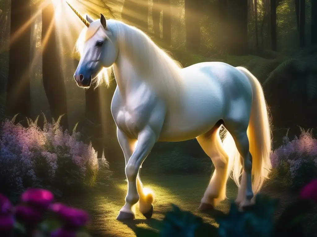 Criaturas míticas en Xanadú: Majestuoso unicornio blanco en bosque encantado
