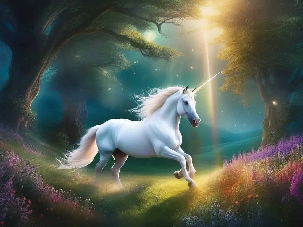 Mundo mágico de Tolkien Criaturas míticas en el Señor de los Anillos: Unicornio blanco en un campo de flores, árboles torcidos, estrellas brillantes y magia