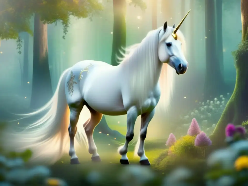 Majestuoso unicornio en bosque encantado Unicornio en bosque encantado simbolismo literatura-