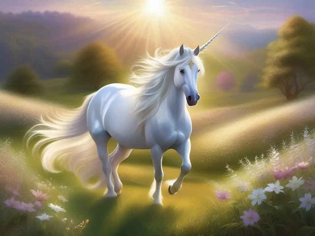 Unicornio majestuoso en prado mágico con cascada y mariposas