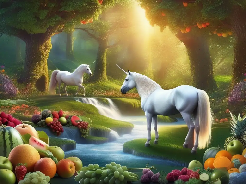 Dieta saludable de unicornios en mágico bosque con frutas y verduras encantadas