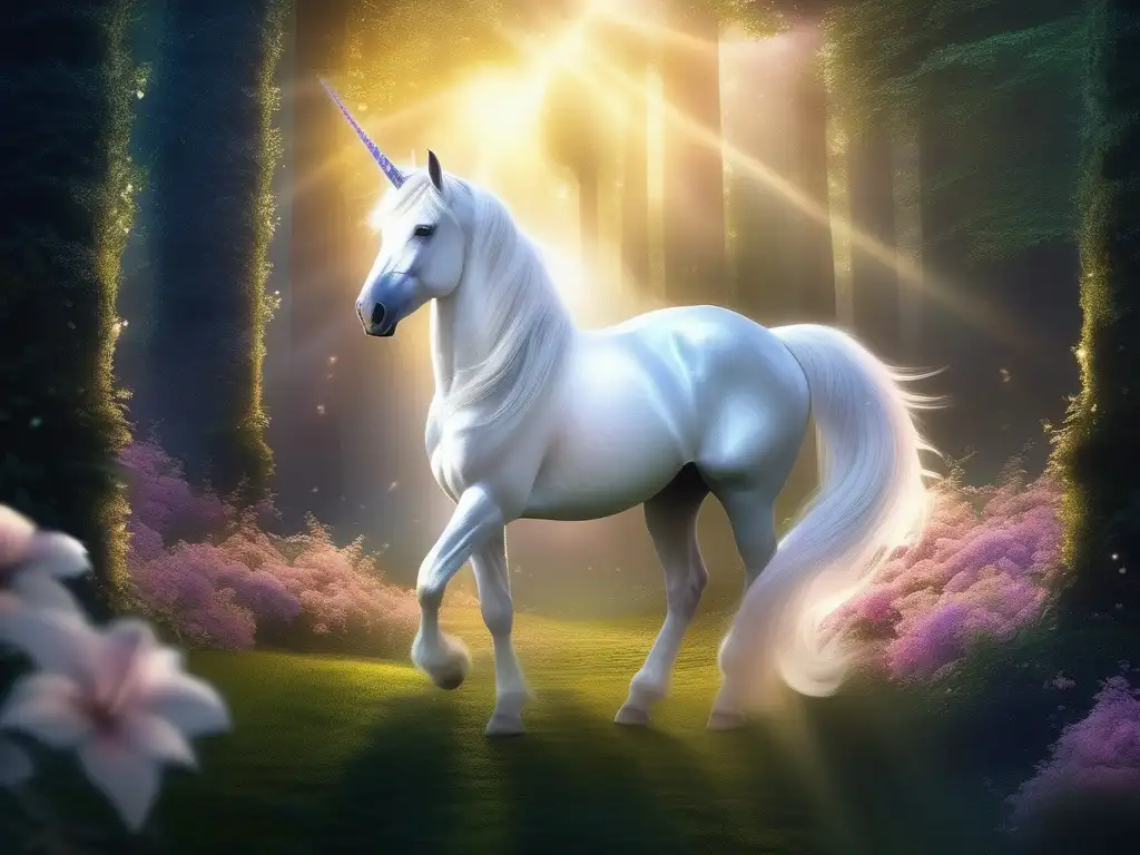 Seres míticos en videojuegos: Guía completa - Unicornio majestuoso en un bosque encantado con aura mágica