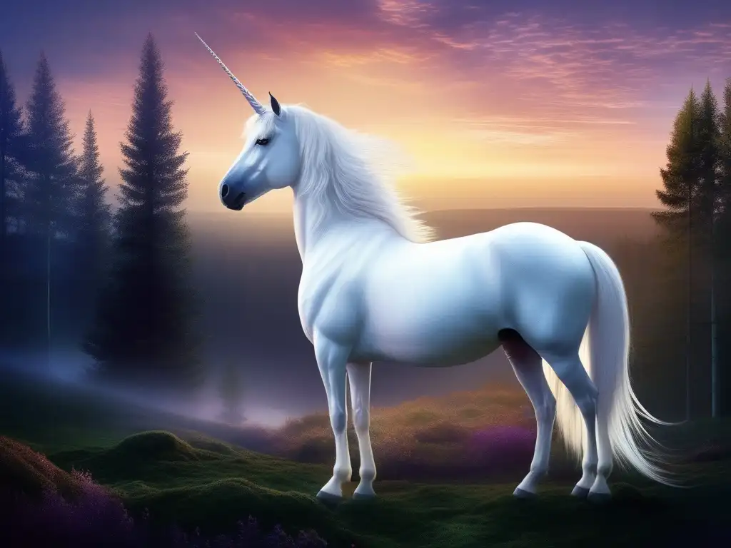 Influencia de mascotas mitológicas en sereno bosque con unicornio blanco