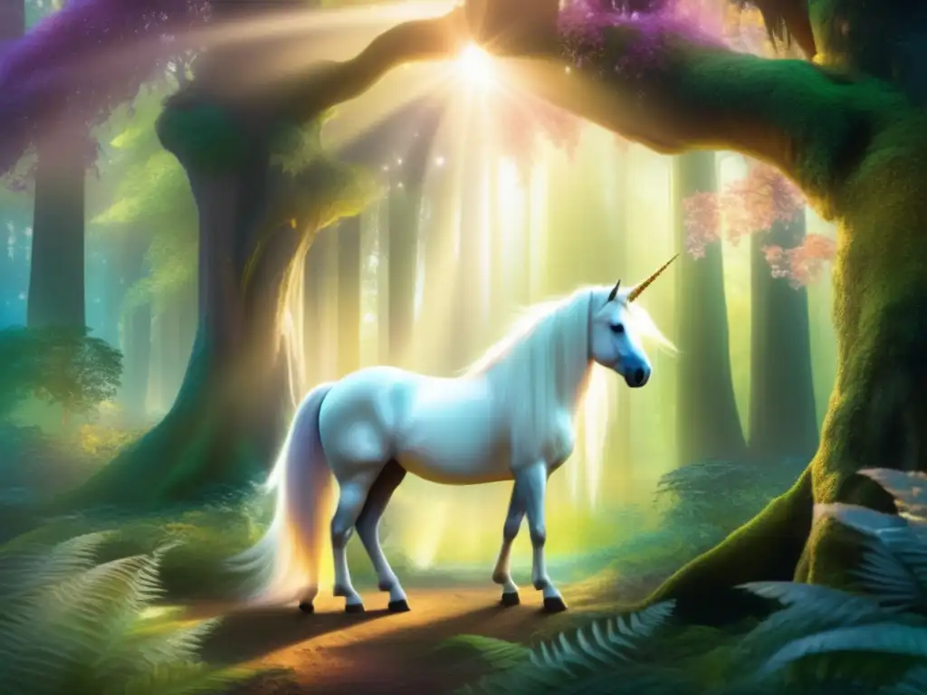 Unicornio en bosque encantado con rituales de fertilidad y criaturas míticas