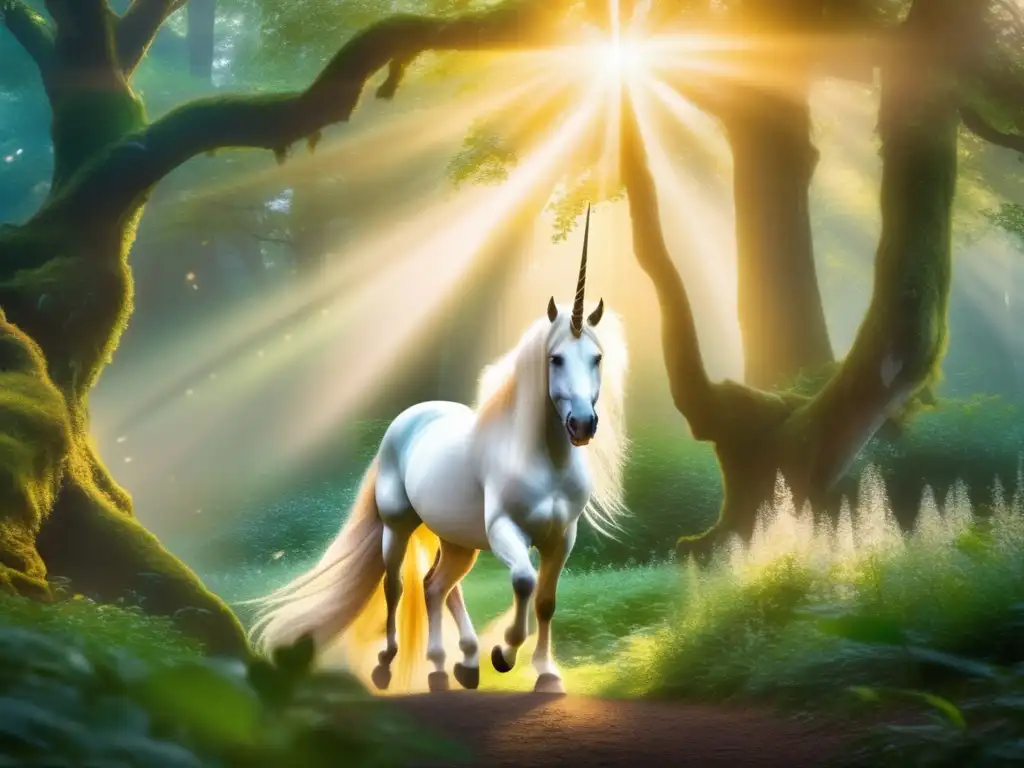 Unicornio místico en un bosque brumoso con árboles antiguos y flores vibrantes: Criaturas legendarias en la narrativa contemporánea