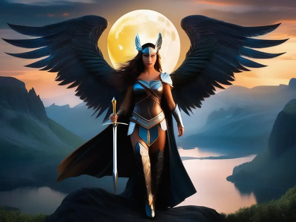 Valkirias en el reino místico Valquirias mitología nórdica guerreras aladas, místico paisaje celestial con luna y armas legendarias