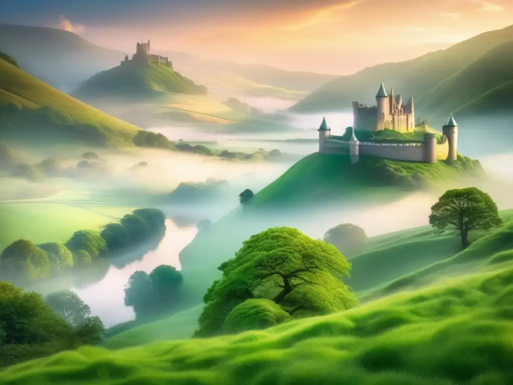Descubriendo la verdad de Avalon: un paisaje místico con un castillo majestuoso, río tranquilo y colinas verdes