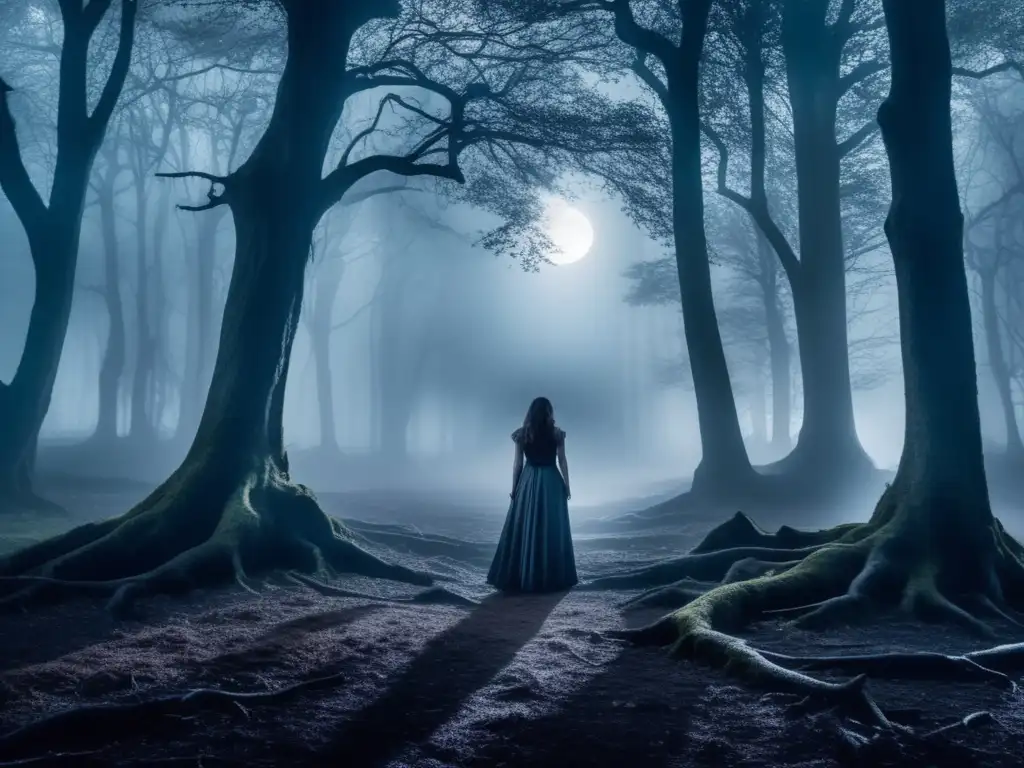 Atracción vampiros literatura moderna: escena nocturna en un bosque misterioso con una figura vestida de negro