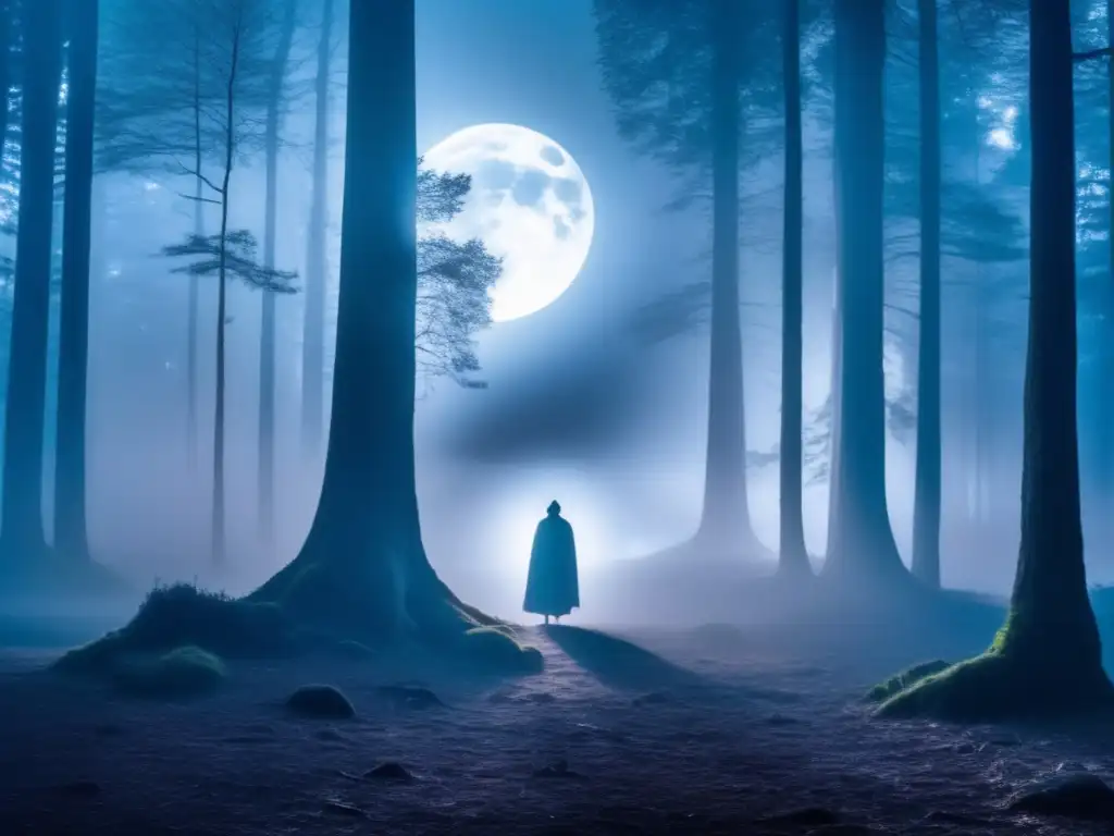 Bosque de luna llena, árboles antiguos en niebla, figura misteriosa con aura vampírica - Origen mito vampiros historia