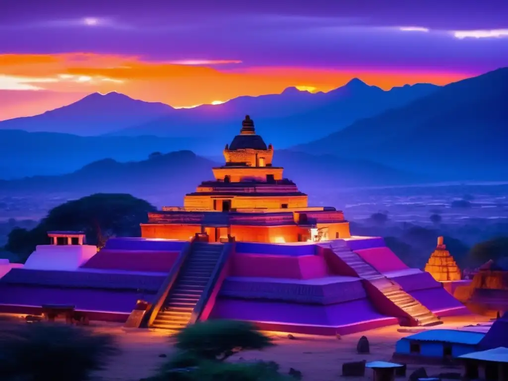 Dios Murciélago cultura zapoteca: Twilight scene in ancient Zapotec village with majestic temple and traditional garb