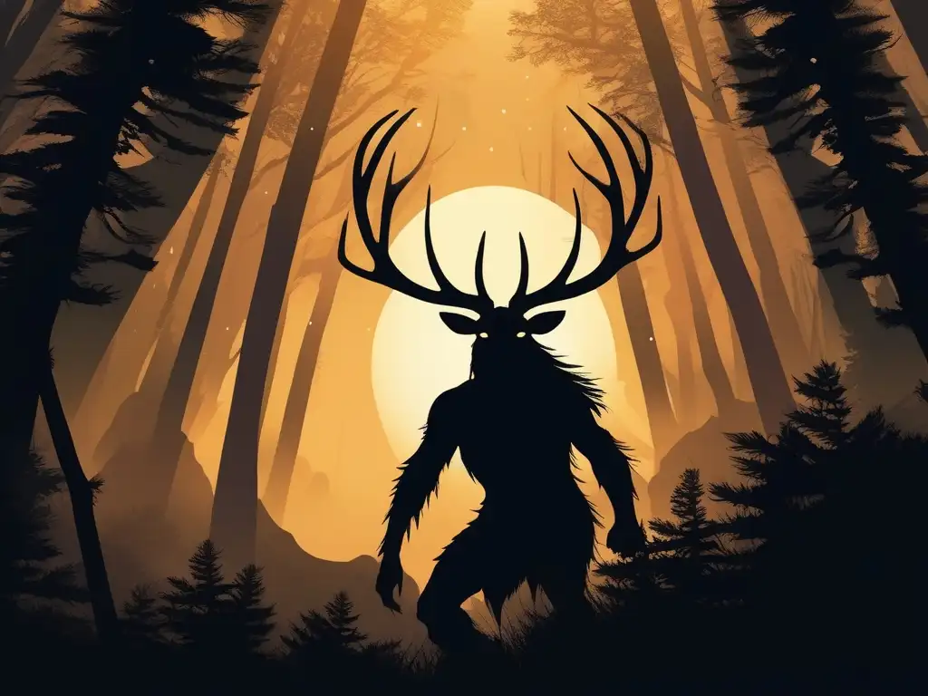 Criaturas mitológicas tribu Cree sorprendentes: Wendigo en bosque mágico-