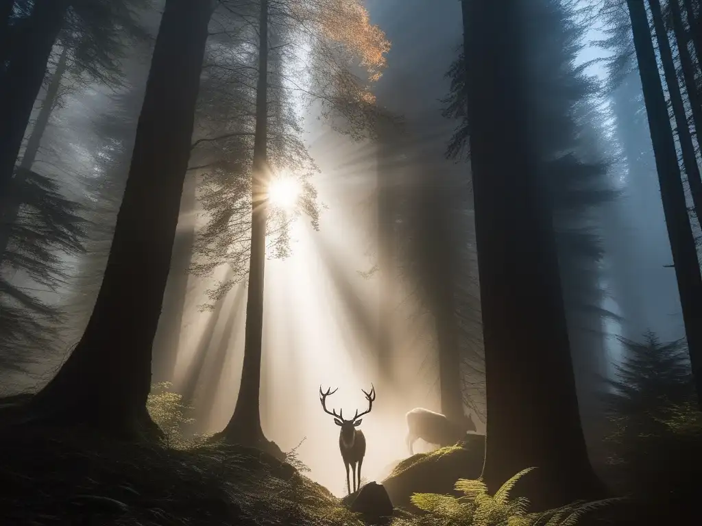 Captura mágica del Wendigo, criatura caníbal de leyendas nativas, en un bosque ancestral con luz dorada