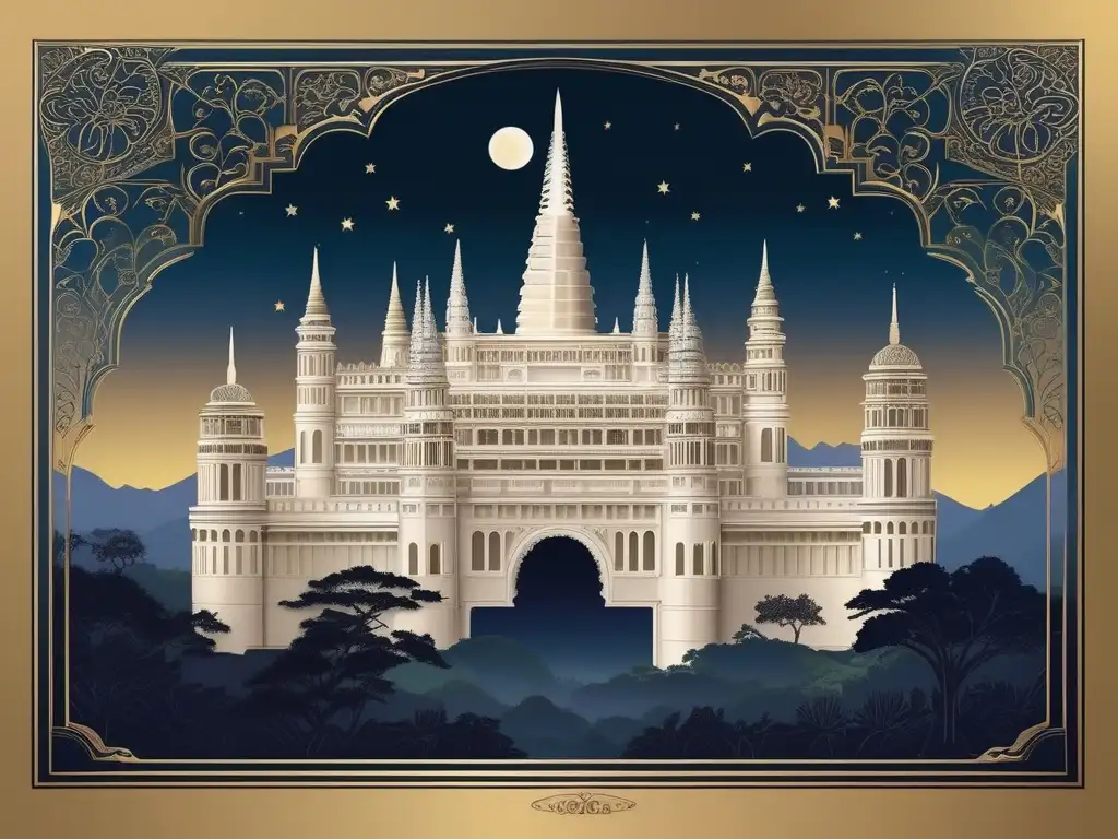 Criaturas míticas en Xanadú: paisaje lunar con palacio, montañas, bosques y atmósfera onírica