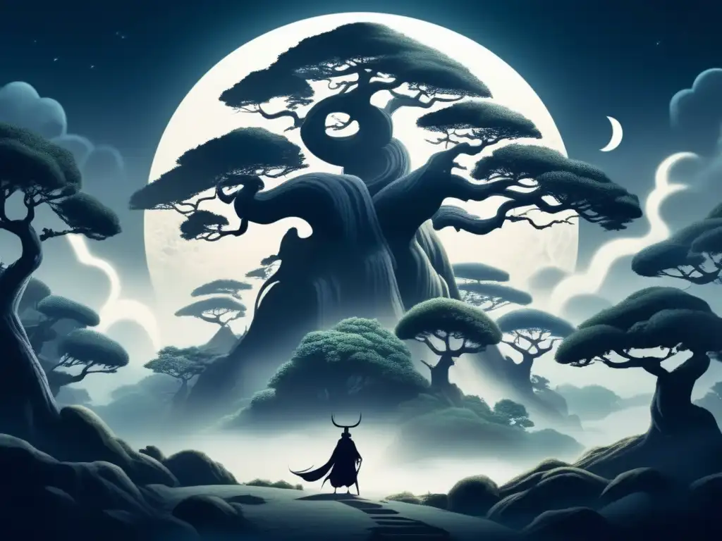 Bosque de luna con Yōkai Gashadokuro: místico y etéreo