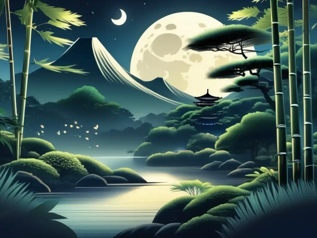 Yōkai Luna en folklore japonés: escena etérea, figura humana y Tsukumogami lunar en bosque de bambú iluminado por luna