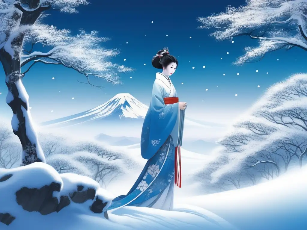 Espíritu Yukionna en Japón: Imagen de la hermosa mujer de nieve de la mitología japonesa, rodeada de un paisaje nevado y sereno