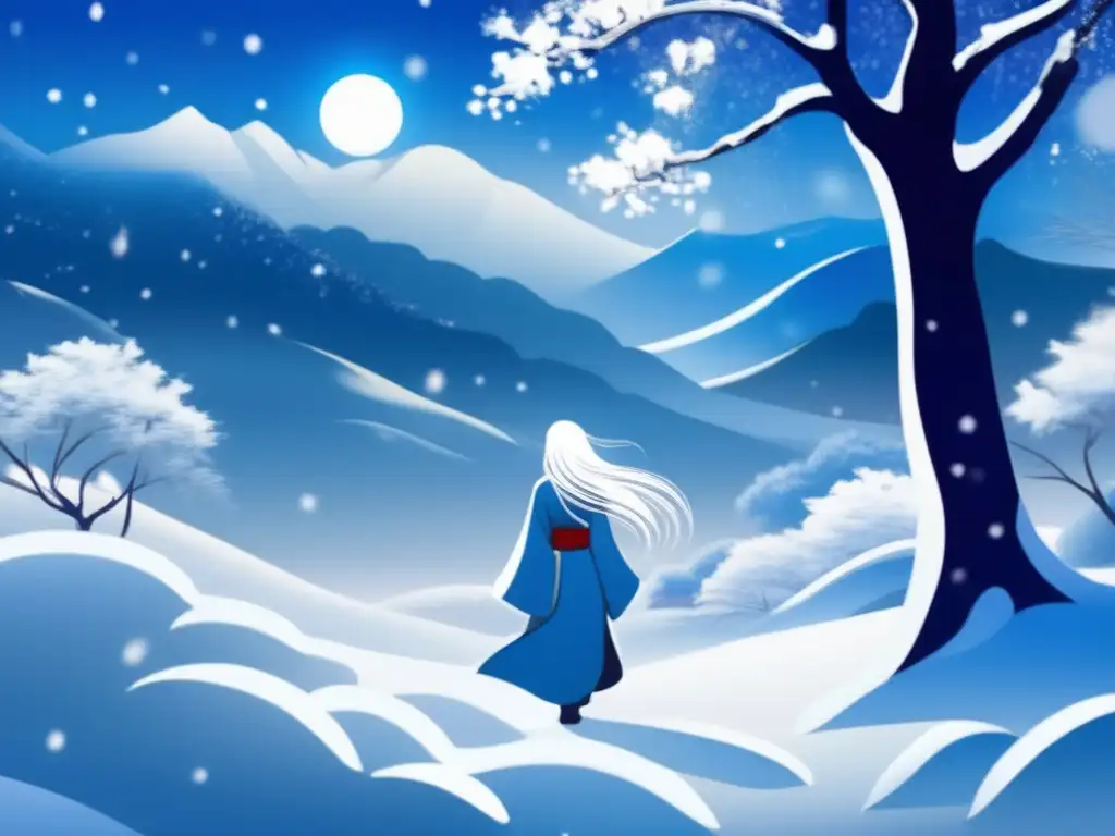 Criaturas mitológicas japonesas: Yukionna y Yōkai en un paisaje invernal místico con una mujer de cabello blanco y kimono azul