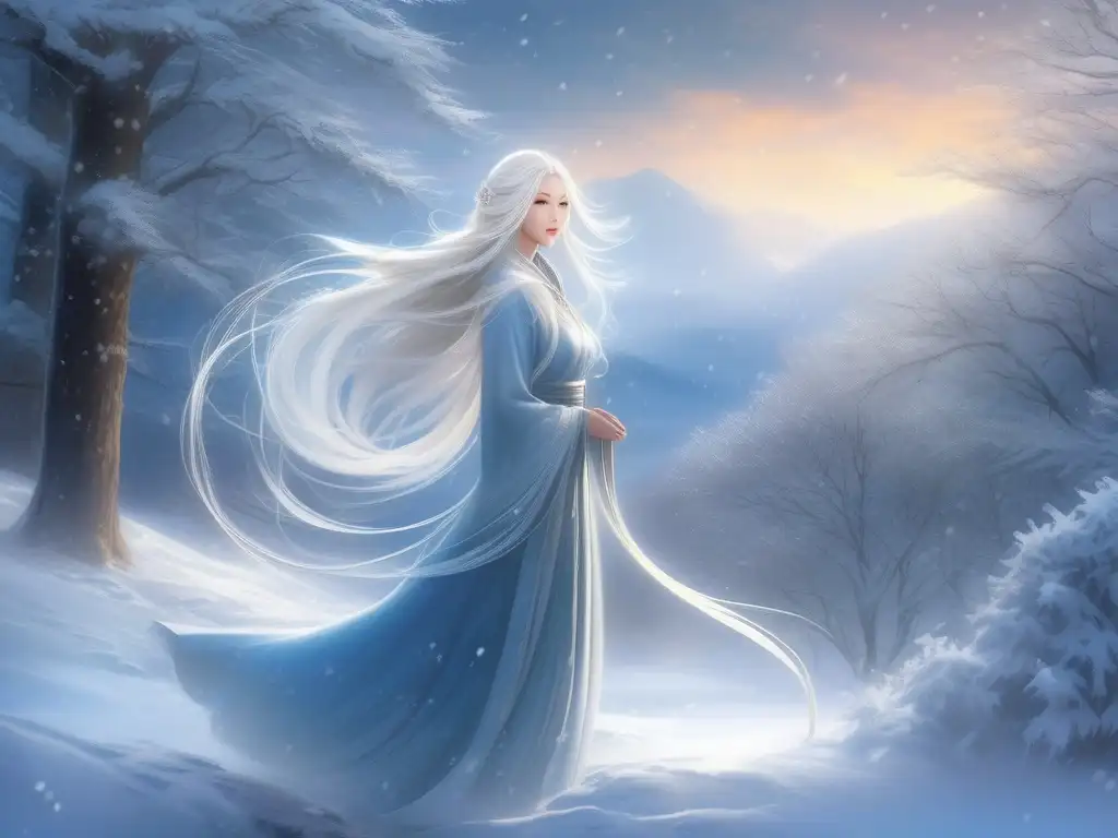 Espíritu Yukionna en Japón: figura etérea en un paisaje invernal, cabello blanco, kimono de nieve, ojos azules misteriosos