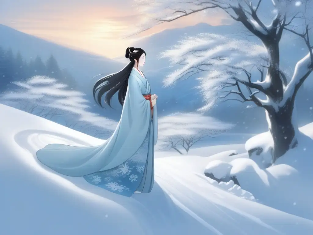 Paisaje invernal con Yukionna, la hermosa mujer de nieve de la mitología japonesa - Criaturas mitológicas japonesas: Yukionna y Yōkai