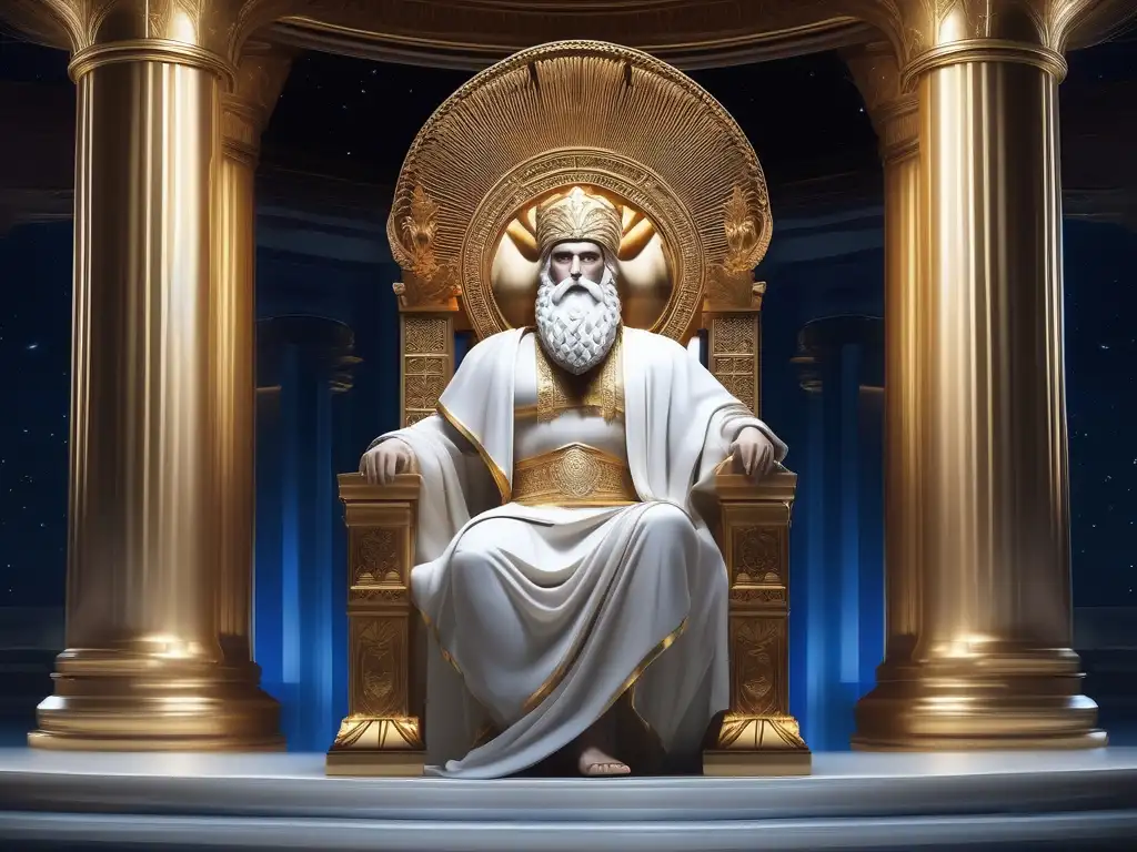 Zeus en su trono dorado, rodeado de diosas y la mágica Cornucopia