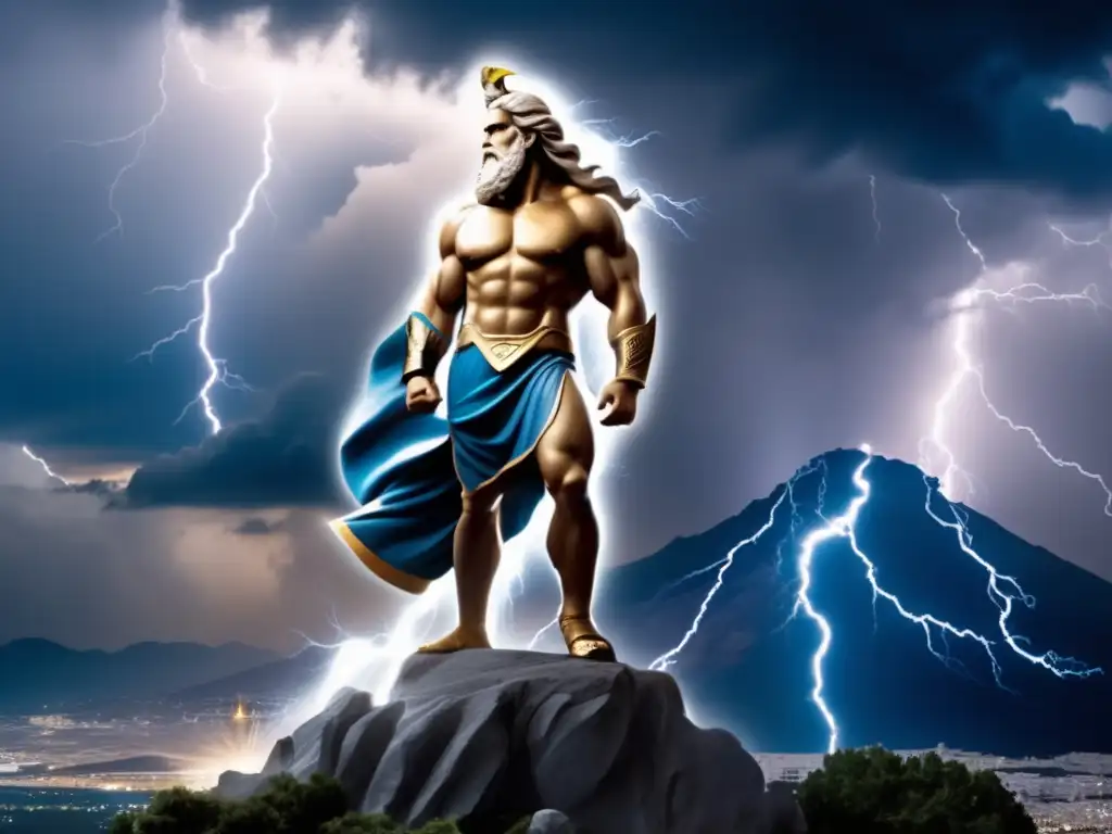 Zeus, dios de tormentas en la mitología griega, en una imagen impresionante que muestra su poder y autoridad sobre los cielos