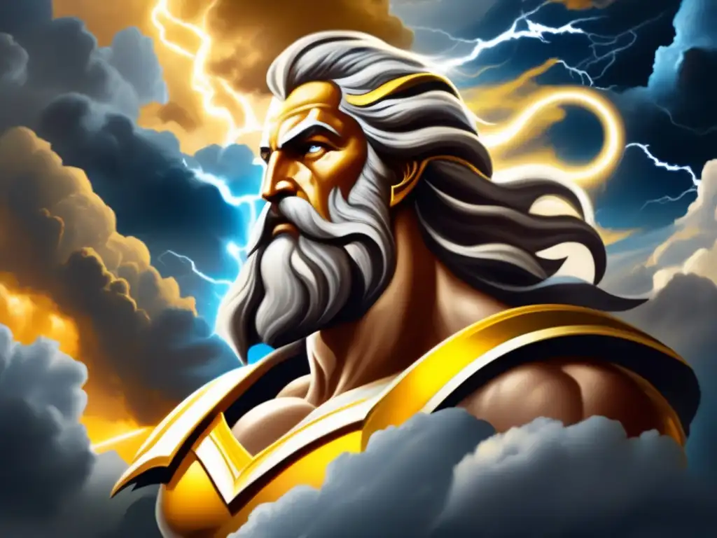 Zeus, dios de tormentas, con relámpagos y nubes