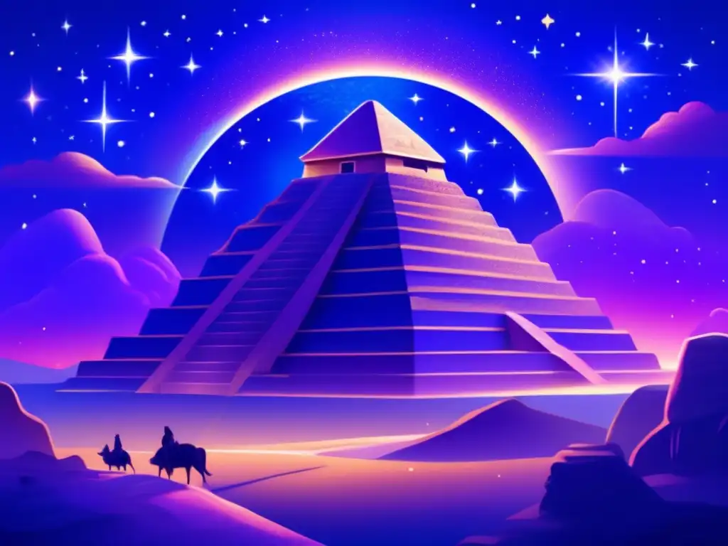 Paisaje celestial con ziggurat y criaturas mitológicas: Relación dioses sumerios y seres místicos