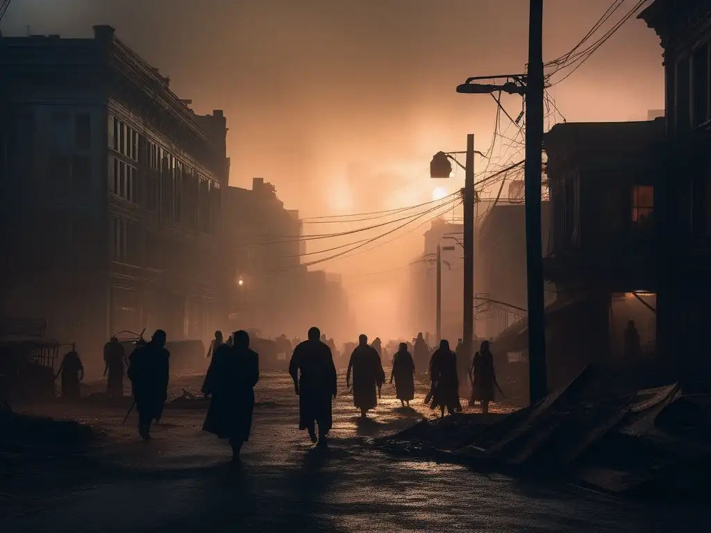 Ciudad crepuscular envuelta en niebla con zombies misteriosos (Misteriosos orígenes zombie ciudad)